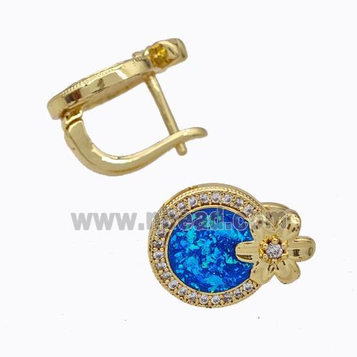 Copper Circle Latchback Earrings Pave Zirconia Blue Fire Opal Flower 18K Gold Plated