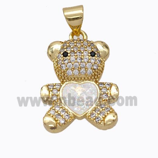 Copper Bear Pendant Micropave Zirconia White Fire Opal Heart 18K Gold Plated