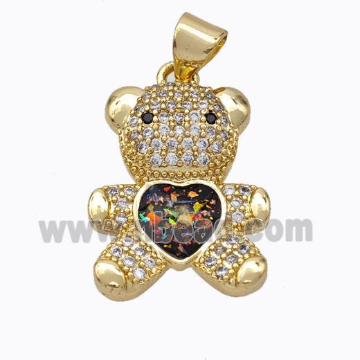 Copper Bear Pendant Micropave Zirconia Multicolor Fire Opal Heart 18K Gold Plated