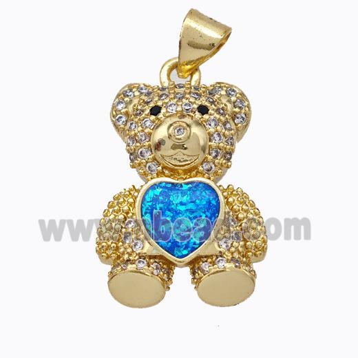 Copper Bear Pendant Micropave Zirconia Blue Fire Opal Heart 18K Gold Plated