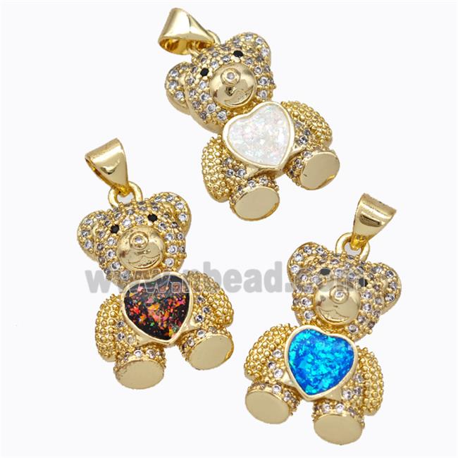 Copper Bear Pendant Micropave Zirconia Fire Opal Heart 18K Gold Plated Mixed