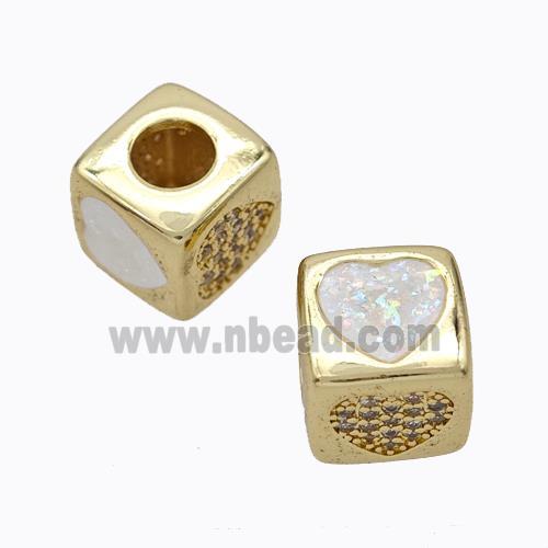 Copper Cube Beads Pave Zirconia Fire Opal Heart Large Hole 18K Gold Plated