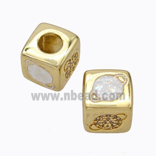 Copper Cube Beads Pave Zirconia Fire Opal Planet Large Hole 18K Gold Plated