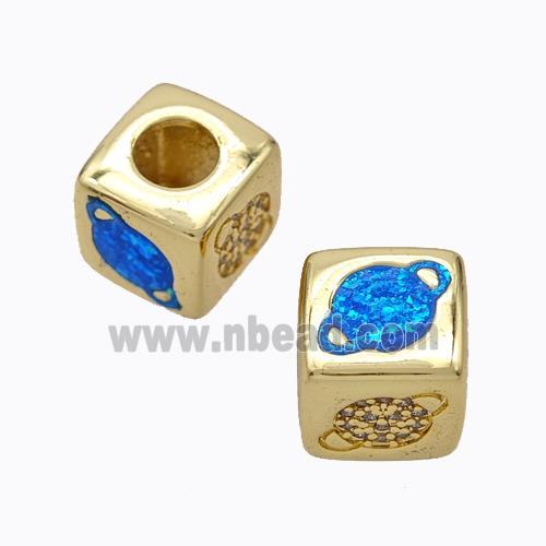 Copper Cube Beads Pave Zirconia Fire Opal Planet Large Hole 18K Gold Plated