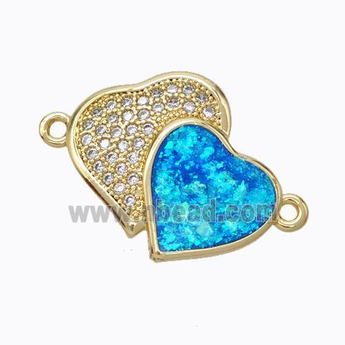 Copper Heart Connector Micropave Zirconia Blue Fire Opal Double 18K Gold Plated