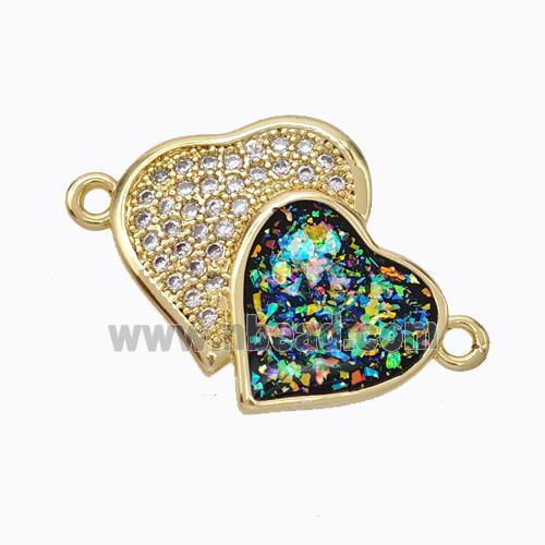 Copper Heart Connector Micropave Zirconia Multicolor Fire Opal Double 18K Gold Plated