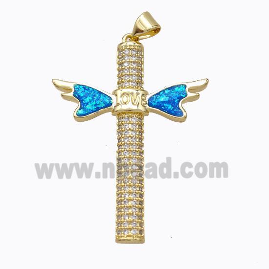 Copper Cross Pendant Micropave Zirconia Fire Opal LOVE Angelwings 18K Gold Plated