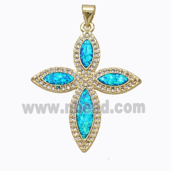 Copper Cross Pendant Micropave Zirconia Blue Fire Opal 18K Gold Plated