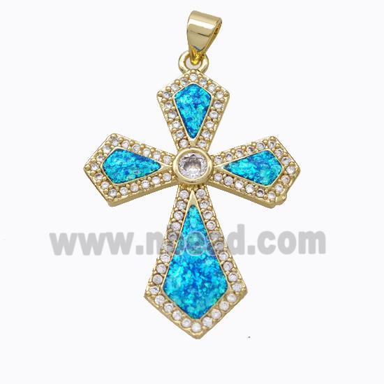 Copper Cross Pendant Micropave Zirconia Blue Fire Opal 18K Gold Plated