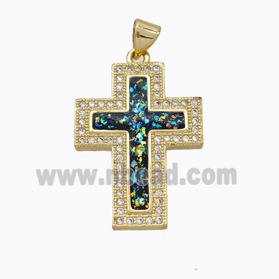 Copper Cross Pendant Micropave Zirconia Multicolor Fire Opal 18K Gold Plated