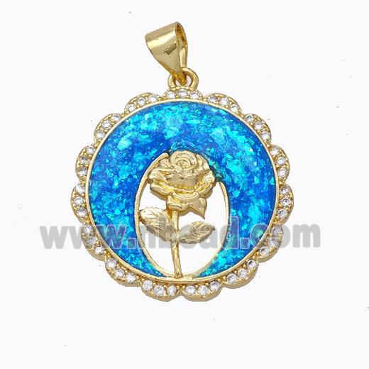 Copper Flower Pendant Micropave Zirconia Blue Fire Opal Circle 18K Gold Plated