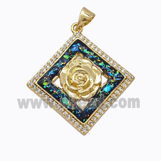 Copper Flower Pendant Micropave Zirconia Multicolor Fire Opal Square 18K Gold Plated