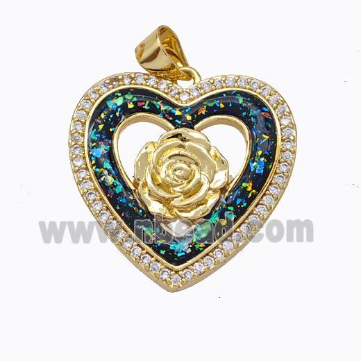 Copper Heart Pendant Micropave Zirconia Multicolor Fire Opal Flower 18K Gold Plated