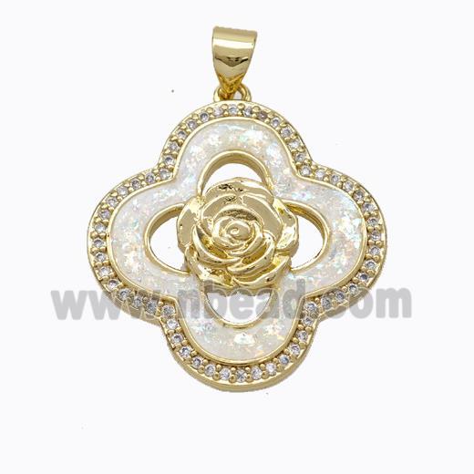 Copper Clover Pendant Micropave Zirconia White Fire Opal Flower 18K Gold Plated