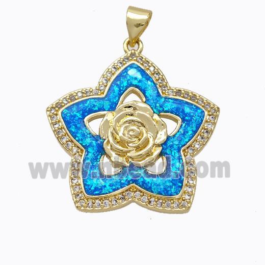 Copper Flower Pendant Micropave Zirconia Blue Fire Opal 18K Gold Plated