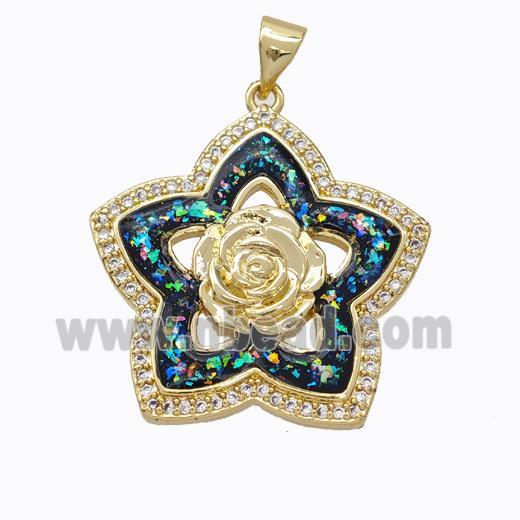 Copper Flower Pendant Micropave Zirconia Multicolor Fire Opal 18K Gold Plated