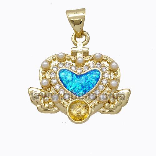 Copper Heart Pendant Micropave Zirconia Heart Fire Opal Angelwings 18K Gold Plated