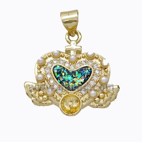 Copper Heart Pendant Micropave Zirconia Multicolor Fire Opal Angelwings 18K Gold Plated