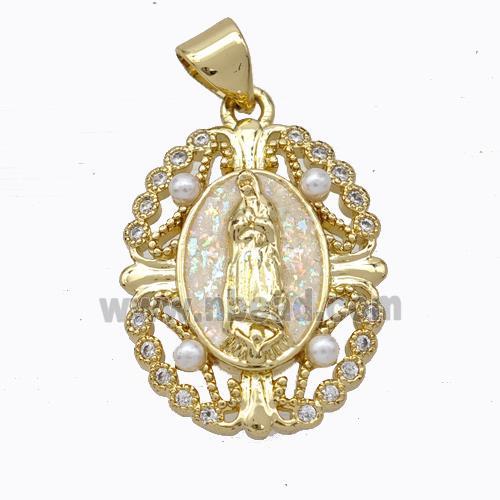 Virgin Mary Charms Copper Pendant Pave White Fire Opal 18K Gold Plated