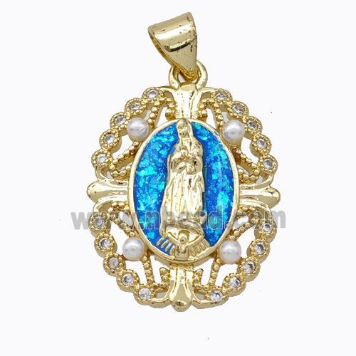 Virgin Mary Charms Copper Pendant Pave Blue Fire Opal 18K Gold Plated