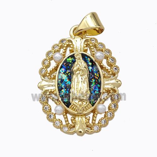 Virgin Mary Charms Copper Pendant Pave Multicolor Fire Opal 18K Gold Plated