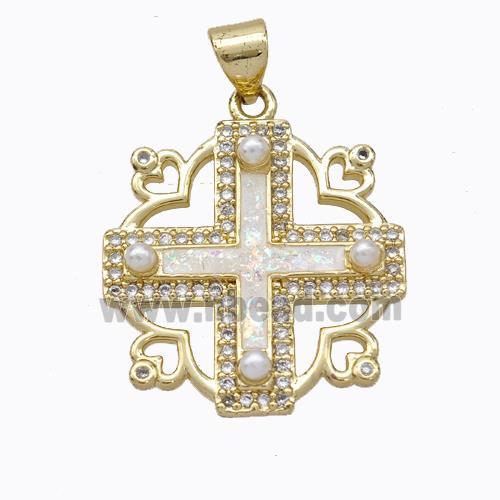 Copper Cross Pendant Pave White Fire Opal 18K Gold Plated