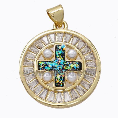 Copper Cross Pendant Pave Zirconia Multicolor Fire Opal Circle 18K Gold Plated