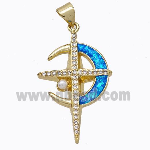 Copper Moon Pendant Pave Blue Fire Opal Cross 18K Gold Plated