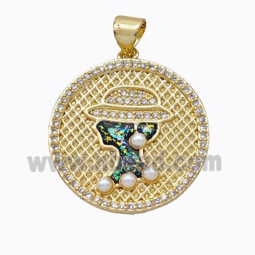 Beauty Charms Copper Circle Pendant Pave Zirconia Fire Opal 18K Gold Plated