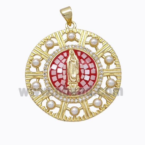 Virgin Mary Charms Copper Circle Pendant Pave Shell Resin 18K Gold Plated