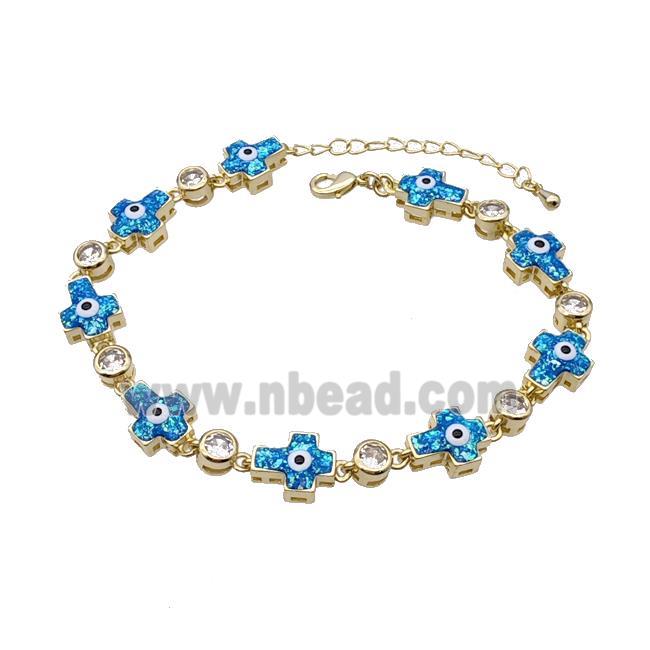 Copper Cross Bracelet Evil Eye Pave Blue Fire Opal 18K Gold Plated