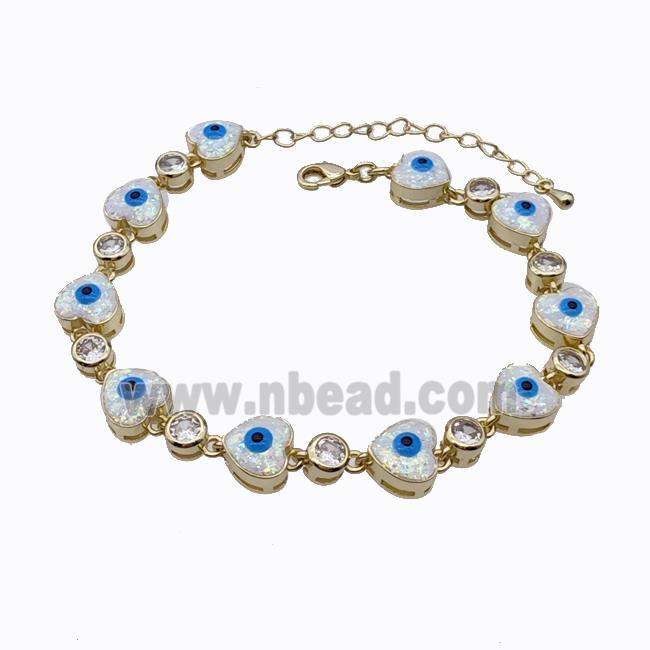 Copper Heart Bracelet Evil Eye Pave White Fire Opal 18K Gold Plated