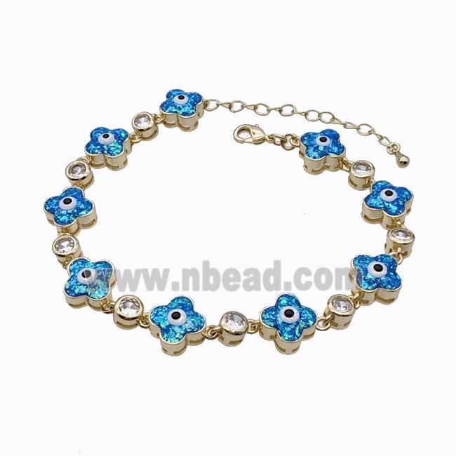 Copper Clover Bracelet Evil Eye Pave Blue Fire Opal 18K Gold Plated