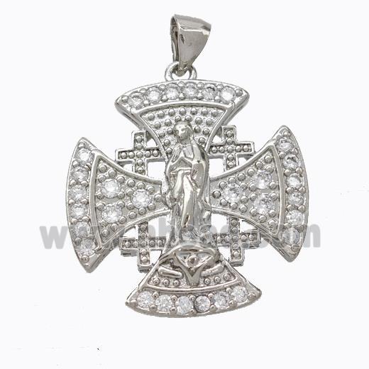 Copper Cross Pendant Pave Zirconia Virgin Mary Platinum Plated