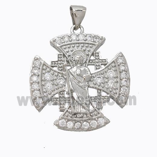 Copper Jesus Cross Pendant Pave Zirconia Platinum Plated