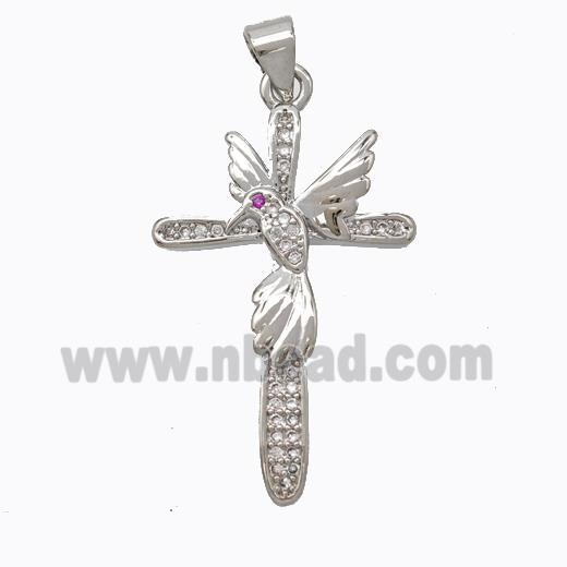 Copper Cross Pendant Pave Zirconia Birds Platinum Plated