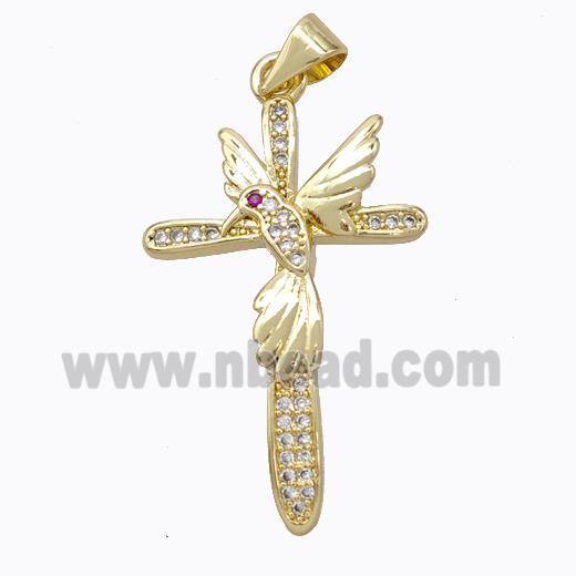 Copper Cross Pendant Pave Zirconia Birds Gold Plated