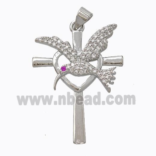 Copper Cross Pendant Pave Zirconia Birds Platinum Plated