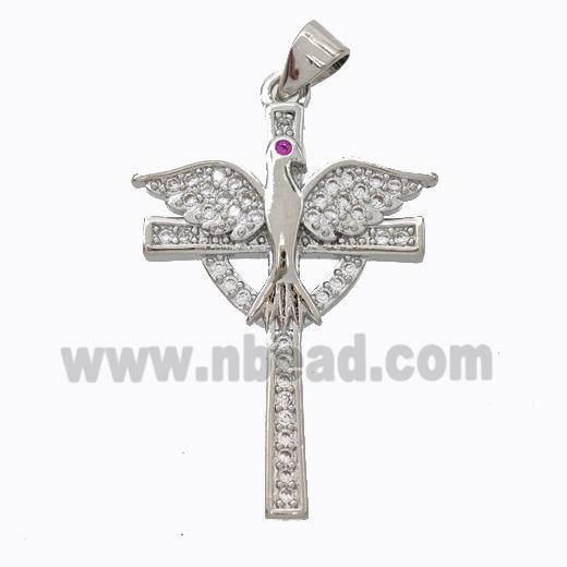 Copper Cross Pendant Pave Zirconia Birds Platinum Plated