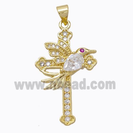 Copper Cross Pendant Pave Zirconia Birds Gold Plated