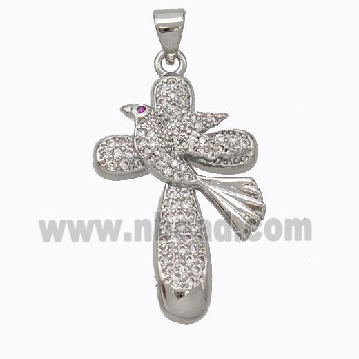 Copper Cross Pendant Pave Zirconia Birds Platinum Plated