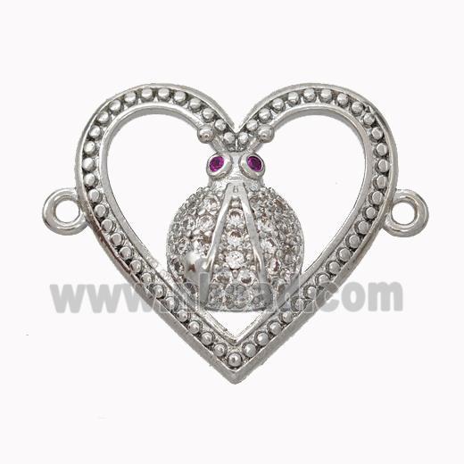 Copper Heart Micropave Zirconia Ladybug Platinum Plated