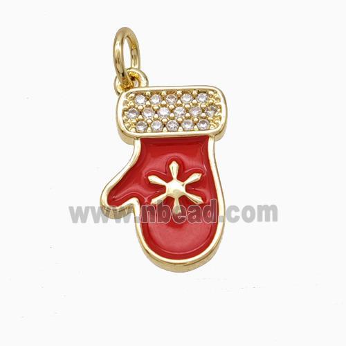 Christmas Mitten Charms Copper Pendant Pave Zirconia Red Enamel Gold Plated