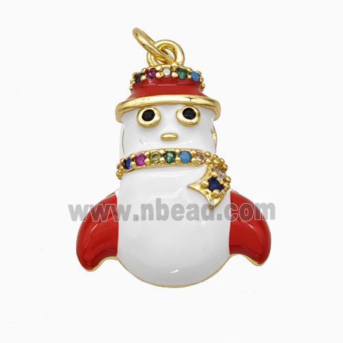 Christmas Snowman Charms Copper Pendant Pave Zirconia White Red Enamel Gold Plated