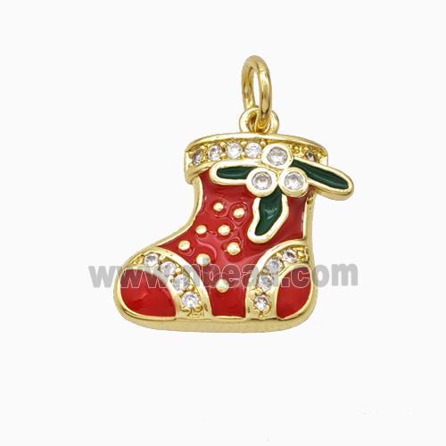 Christmas Stocking Charms Copper Pendant Pave Zirconia Red Enamel Gold Plated