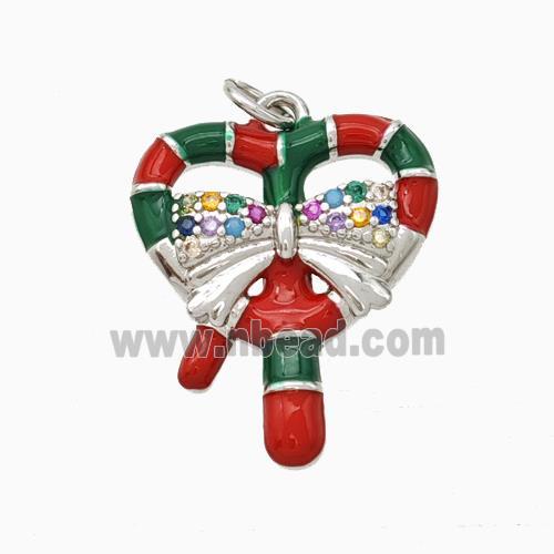 Christmas Candy Cane Copper Pendant Pave Zirconia Red Enamel Ribbon Platinum Plated