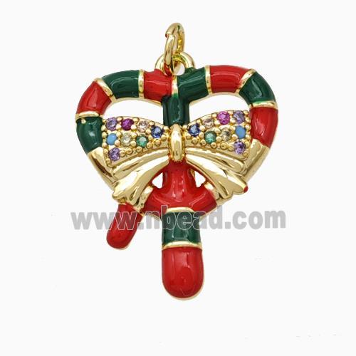 Christmas Candy Cane Copper Pendant Pave Zirconia Red Enamel Ribbon Gold Plated