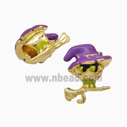 Halloween Witch Charms Copper Beads Broom Purple Enamel Large Hole Gold Plated