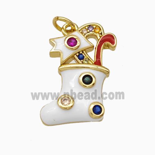 Christmas Stocking Charms Copper Pendant Pave Zirconia White Enamel Gold Plated