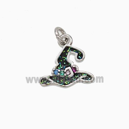 Halloween Hat Charms Copper Pendant Pave Zirconia Black Enamel Platinum Plated